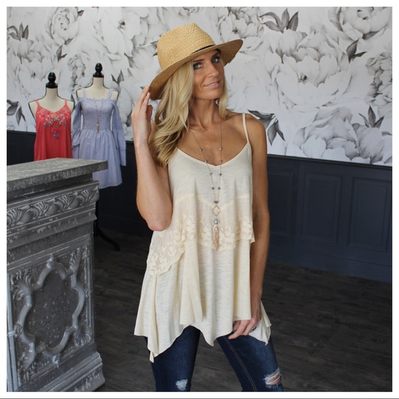 Infinity Raine Tops - ❗️SALE❗️ Cream Lace Detail Tunic Tank